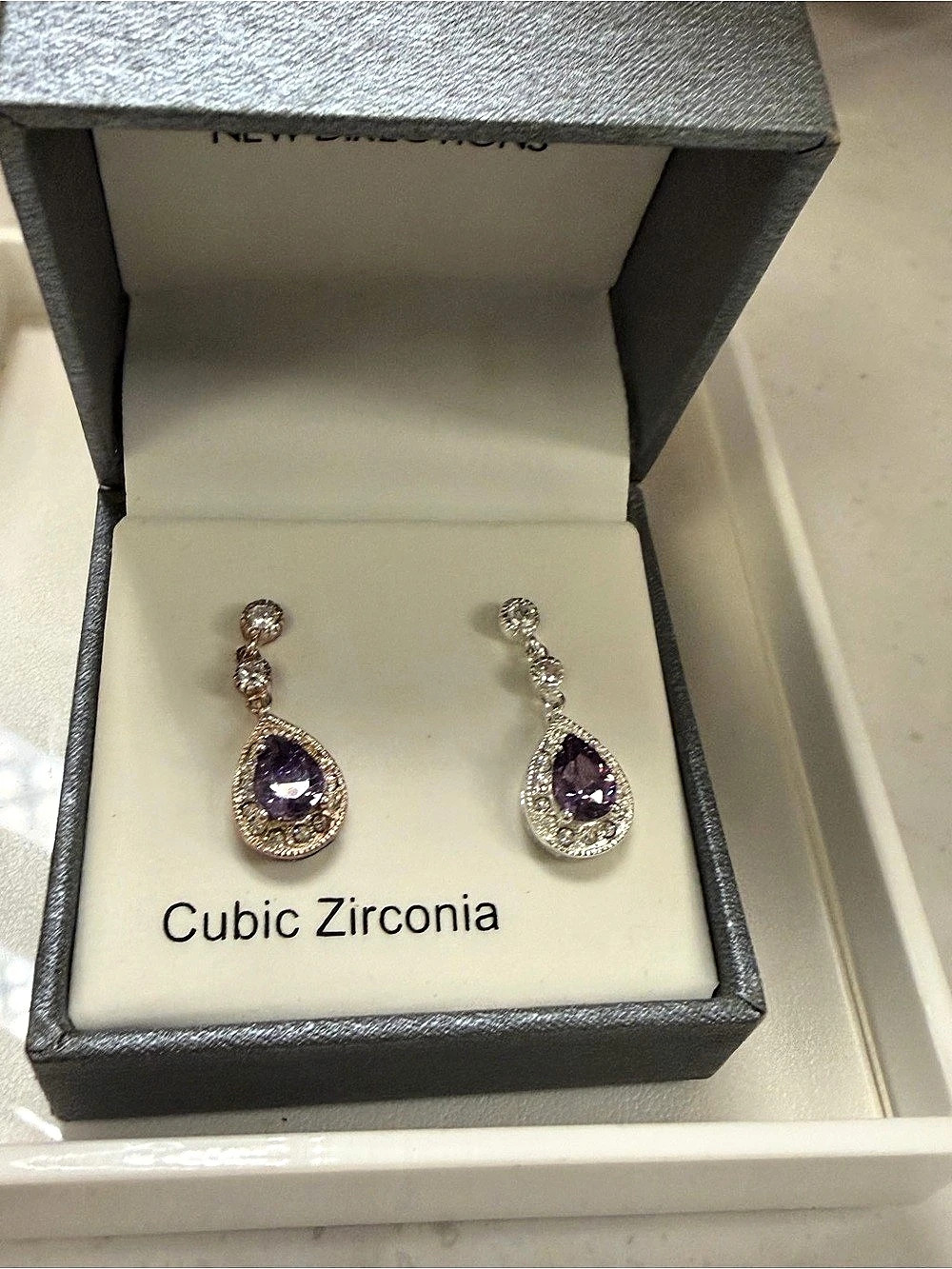 New Directions NIB light Purple gemstone w Cubic Zirconia Drop Earrings